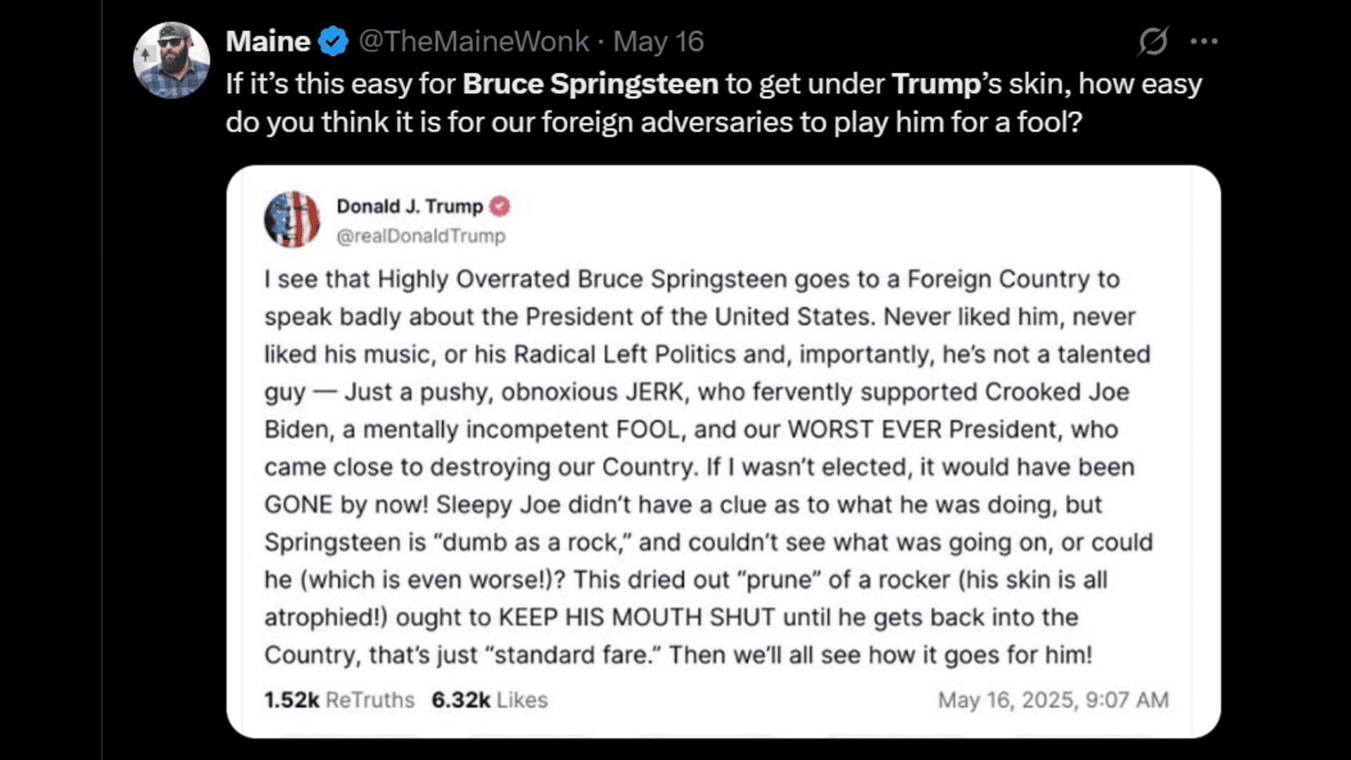 Donald Trump fires back at Bruce Springsteen. (Image via X)